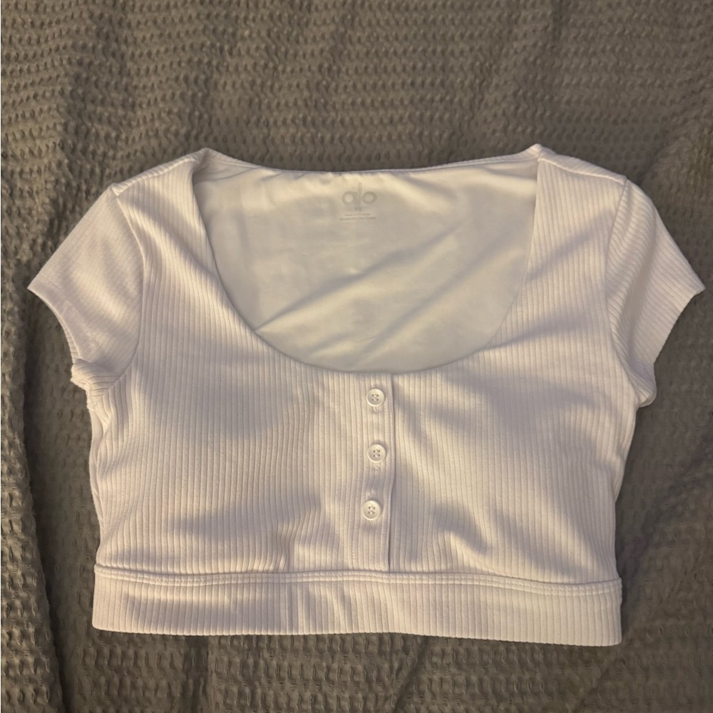 ALO Yoga White Buttoned Ribbed Crop Top
